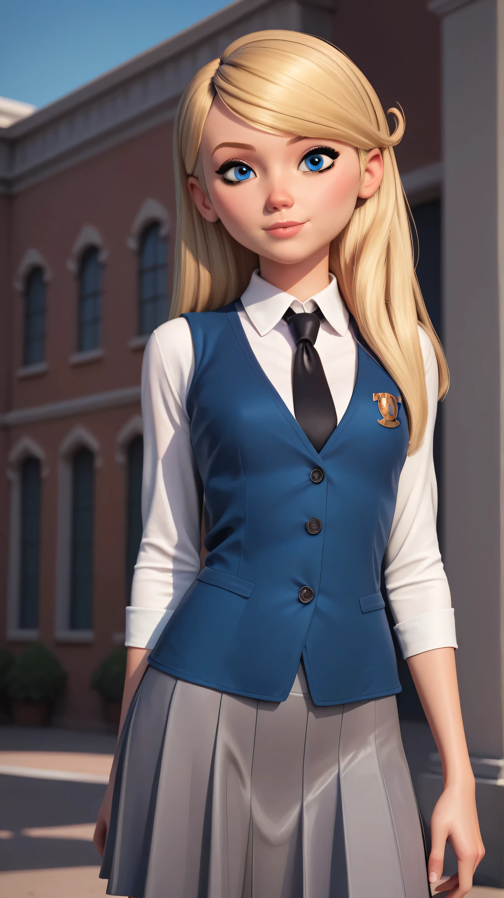 1girl, solo, penny peterson, long hair, blue eyes, 3d, blonde hair, realistic, real proportions, tween, schoolgirl, blue vest, white shirt, black tie, gray plated skirt