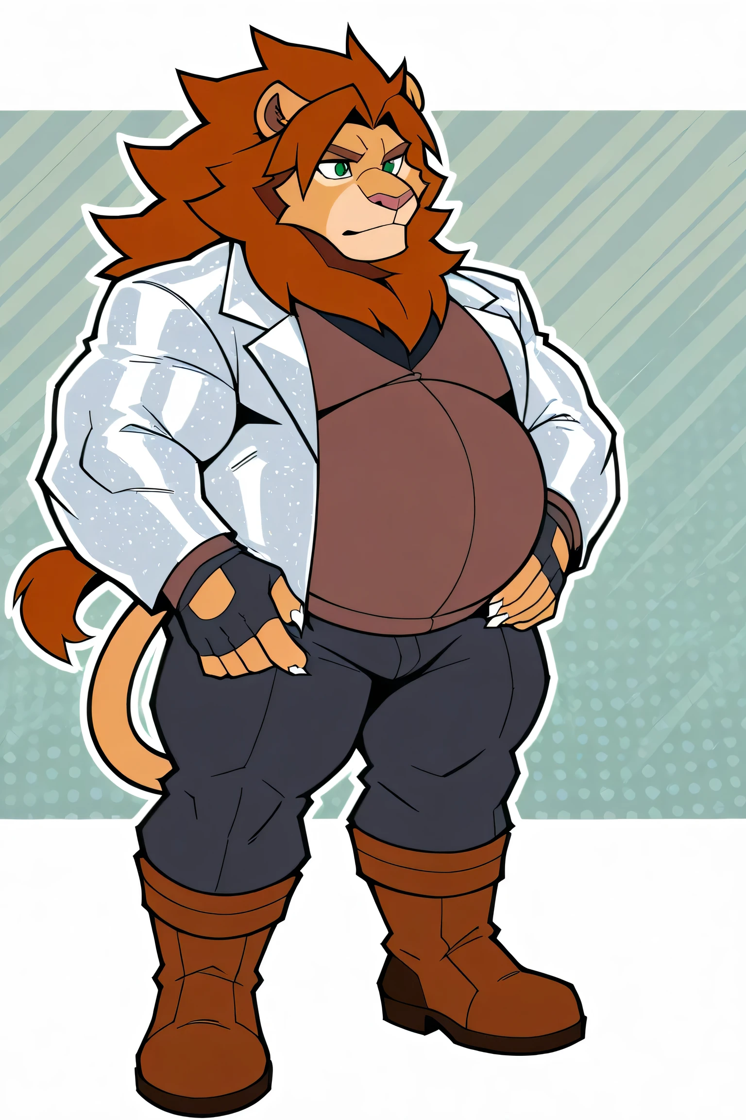 lion, furry, male focus, big belly, big pectorals, fat body, huge muscular, brown long hair, green eyes, silver jacket with closure, black pants, black short gloves, Brown boots with steel stripes, full body