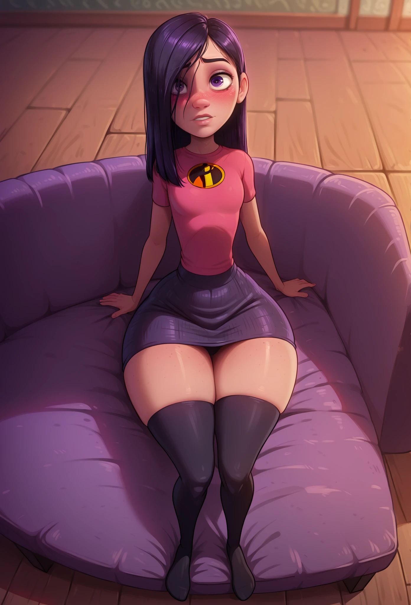 Violet Parr, 1girl, (flat chest), (((very small breasts))), ass:1.3, purple eyes,  black hair, long hair, lips, bang, blush, naked, she is showing her vagina, depth of field, bokeh, (special attention to skin detail: 1.2), masterpiece, best quality, ultra-detailed, ultra-HD, photorealistic, cinematic, ((close-up camera shot)), sensual pose, alluring, fingering:1.4, masturbating, location is superhero headquarters