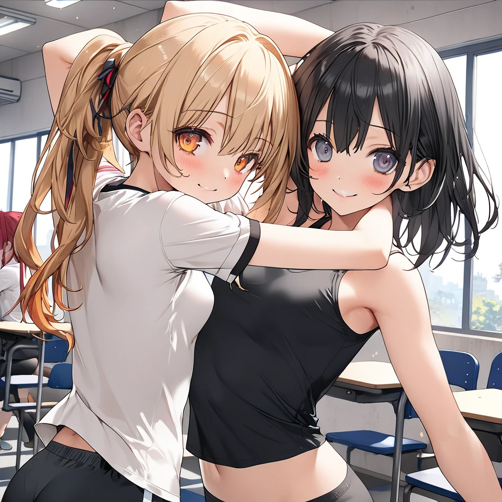 Eri Aase,Eliase, catalyst, Yellow Hair, blue eyes, ponytail, Hair Ribbon, break otonokizaka , pleated skirt, , Short sleeve, skirt, Summer clothes, break looking at viewer, break indoors, classroom, break (masterpiece:1.2), Highest quality, High resolution, unity 8k wallpaper, (figure:0.8), (Beautiful attention to detail:1.6), Highly detailed face, Perfect lighting, Highly detailed CG, (Perfect hands, Perfect Anatomy),Highest quality, masterpiece, High resolution,8k wallpaper,whole bodyイラスト,whole body,one-piece swimsuit,Swimsuit,One piece swimsuit,High leg,背景classroom,Embarrassed face,Watching the audience,blush,smile,Smiling,制服の下にSwimsuit,制服の下にOne piece swimsuit,School swimsuit under uniform,Swimsuit under uniform,swimsuit under clothes,skirtリフト,制服の下にSwimsuitを着込んでいる,制服の下にOne piece swimsuitを着込んでいる,Perfect description,Anime Style,Anime Art,