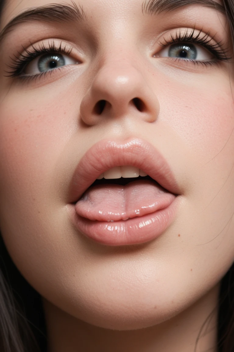 a beautiful woman with her mouth open,giving a , detailed facial features, striking gaze, delicate skin, flowing hair, dramatic lighting, cinematic composition, photorealistic, 8k, masterpiece,a close up of a woman ,photorealistic skin texture, detailed unblurred face, close up at face, close up of face, closeup_portrait:1.4,face:1.5,realistic skin texture, realistic textured skin, ultra high detail ultra realism, hyperdetailed skin, closeup on face, 8 k pores,UHD, closeup of face, neck zoomed in from lips down