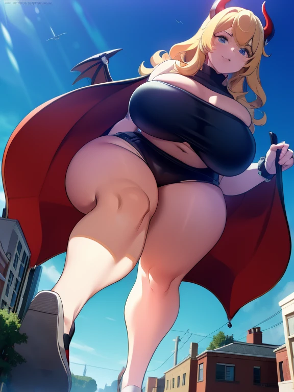 An anime female character walking in a city, 1girl, GTS, giantess, bikini, curvy, busty, smirk, evil, thick thighs, walking, taller than buildings, stepping, rampage, sky, cloud, full body, breasts