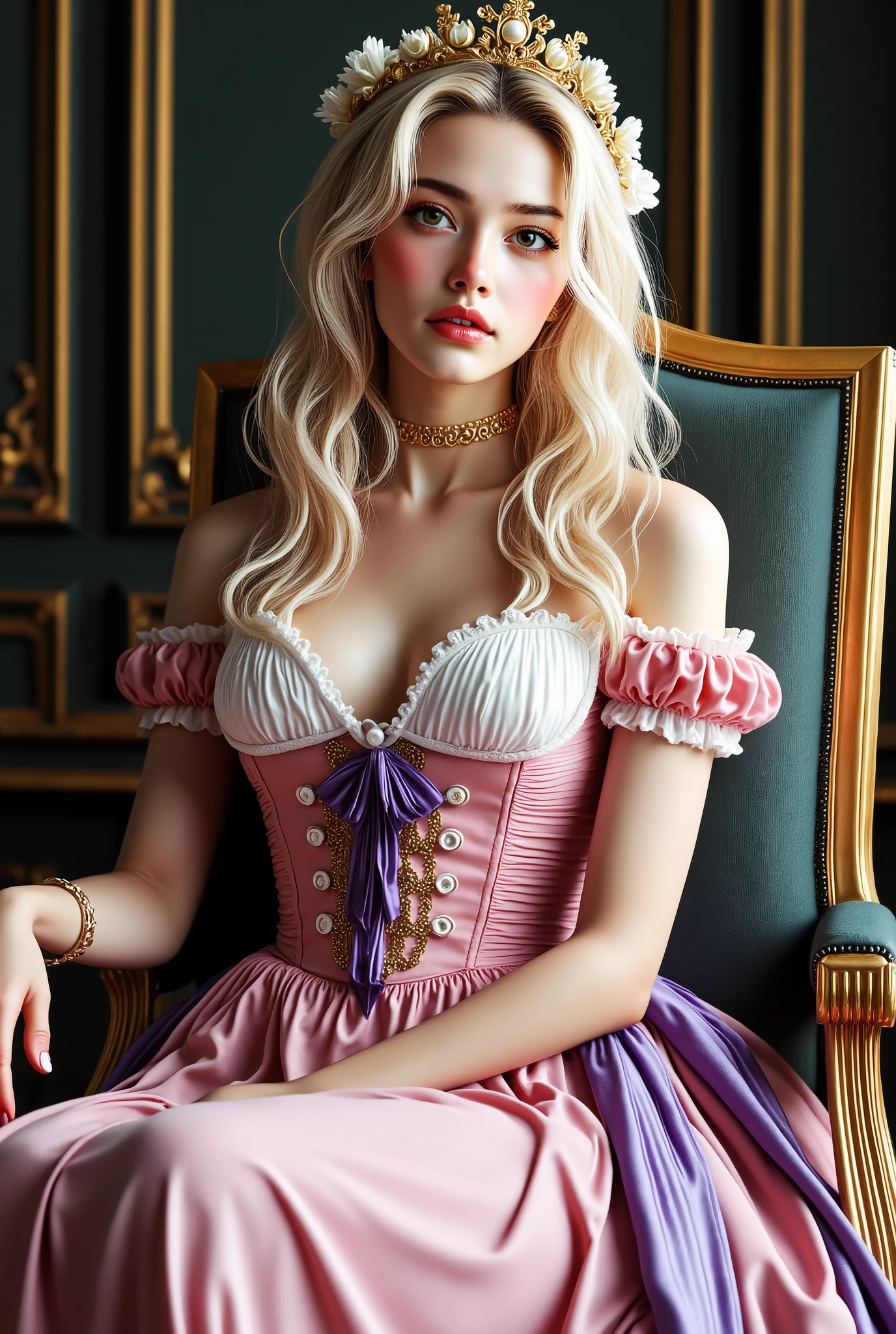 1800 renascentist Royal Style, DRESS WITH SHINE CORSET
adorned , embroidery, and jewels, long white gloves, with corset pearl necklace and earrings PINK DRESS SHINE WHITE DRESS DIAMONDS
Portrait of a stunningly beautiful young blond GLITTER DRESS WHITE DRESS GOWN shine shine shine dress pink as a Queen wearing DRESS WITH CORSET like vivienne westwood RENASCENTIST DRESS 1800
