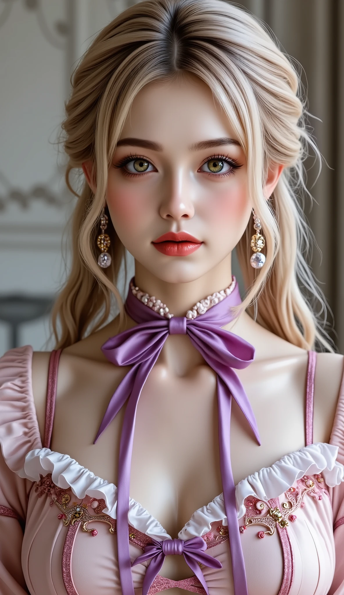  [Style: - "8k, masterpiece, realistic, Photorealistic realism, Hyper high resolution" - "highest quality, intricate ultra-detailed digital art"] (Key Directive: - "The priority is the anatomical accuracy and texture of the materials" - "Ultra-sharp human eyes with biological accuracy") {Character: "a beautiful girl, [((firm and full breasts:1.35))]" | Face: "[[full lips, pink lipstick, intense gaze]]" | Eyes: - "((sharp focus, no blurry eyes, Hyper absurd quality, Hyper details, Hyper realistic green eyes:1.3))" ((full body shot:1.3)),,Marie Antoinette, Sit in an upscale chair, puts his hand on his knee,Please open your mouth slightly,(white,pale,smooth,silky,shiny),long hair, wavy hair, [dress in Baroque style],(palete colors include blue:1.5, and white: 1.22,(Rococo dress with ruffles and long sleeves:1.22), intricately detailed:1.35), ((Now her blonde hair reaches down to her waist. Color gradation of pink and three, pale pink)). Matching earrings, choker with white flowers. ((She wears a pink top with white stripes with ruffles trimmed with gold buttons, white rosebud sleeves:1.25))... (with a purple ribbon flowing from her chest:1.2)..., tied at the back of the neck, matching the chest area, Decorated with flowers. her ruffled skirt is separated by a white line, her dress with a ((large purple ribbon)). Decorated with gold. There is a small ribbon on the back. She was wearing a ((Gold Tiara)) with floral embellishments .,small round head,((anatomically correct)),slim-muscled body,narrow waist,small ass,long legs,Long_blue_eyeliner :1.28, red_lipstick:1.35,(perfect dark_eyeshadows:1.45), (super detailed professional makeup on eyes:1.3),(rainbow light :1.4),(Inside Victoria Palace)} (Rendering engine: "Unreal Engine 5 path tracing, 16K texture maps") | The ultra-Highres,Unreal 5,Subsurface scattering,PBR Texturing,Post-Processing,Anisotropic Filtering,depth of fields,Maximum Sharpness and Sharpness,multi-layered texture,Albedo and Specular maps,Surface Shading