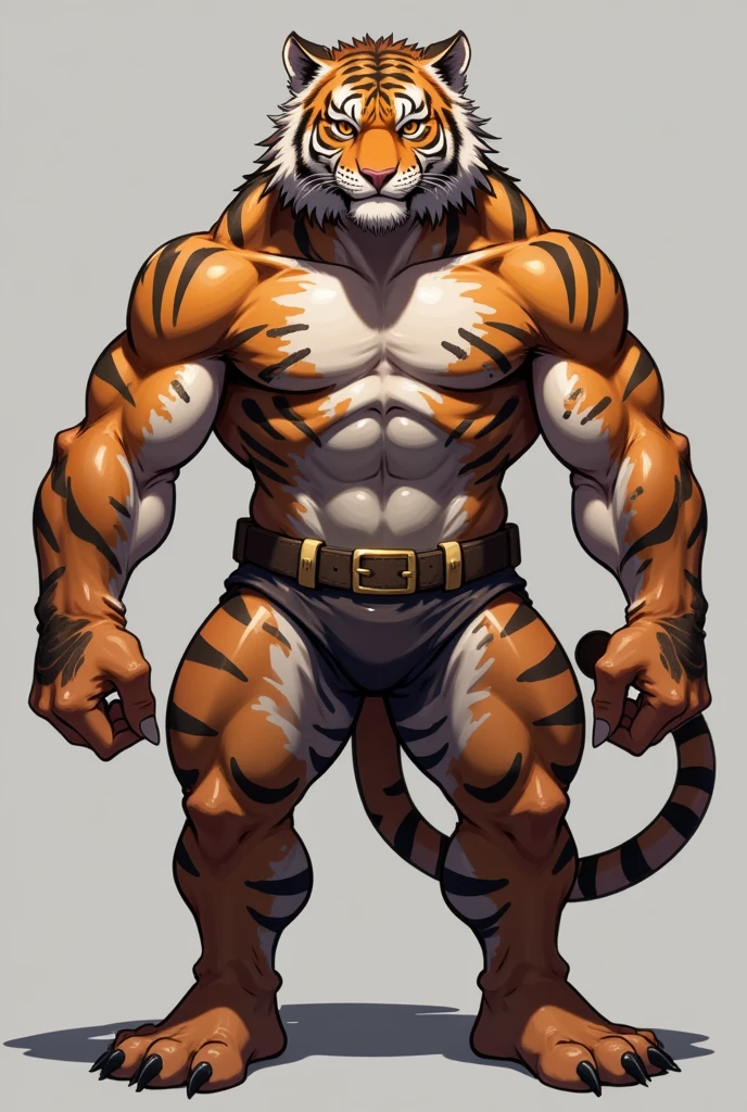Create a semi-naked and very erect muscular tiger that is naked and is a furry
