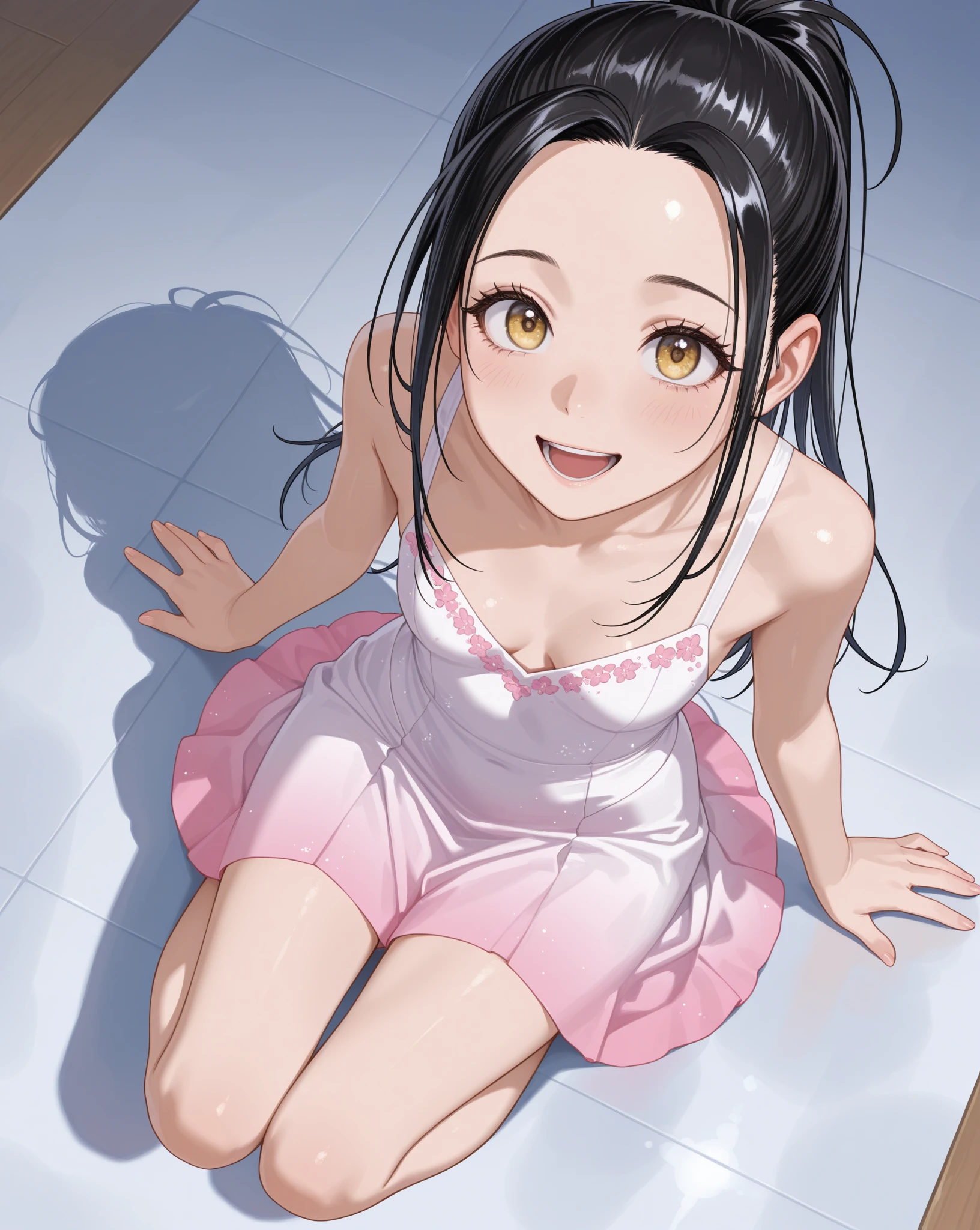 onodera haru, pink hair, oily skin, wet, detailed skin, ((little girl)), ((carrying a red backpack)), ((10 years old)), blurry background, open mouth, short height, little girl, ((bare shoulder)), ((presenting armpit)), (see-through), cleavage, naughty face, ((white tank top)), (arm up), ((loli)), ((small boobs)), ((small breasts)), ((flat chest), (hot pants), ((detached sleeves)), beach, , (potrait)), loose shirt, navel, (((Drooling face)), wet body, rain (((height 135cm))), ((Squatting)), (Twintails),