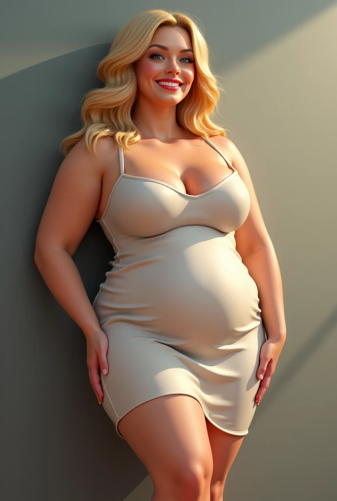 Slightly chubby pregnant blonde, thick hips, huge fat juicy butt, huge pregnant belly, wearing tight rose pink dress, biting bottom lip, light makeup, hands on hips, side view