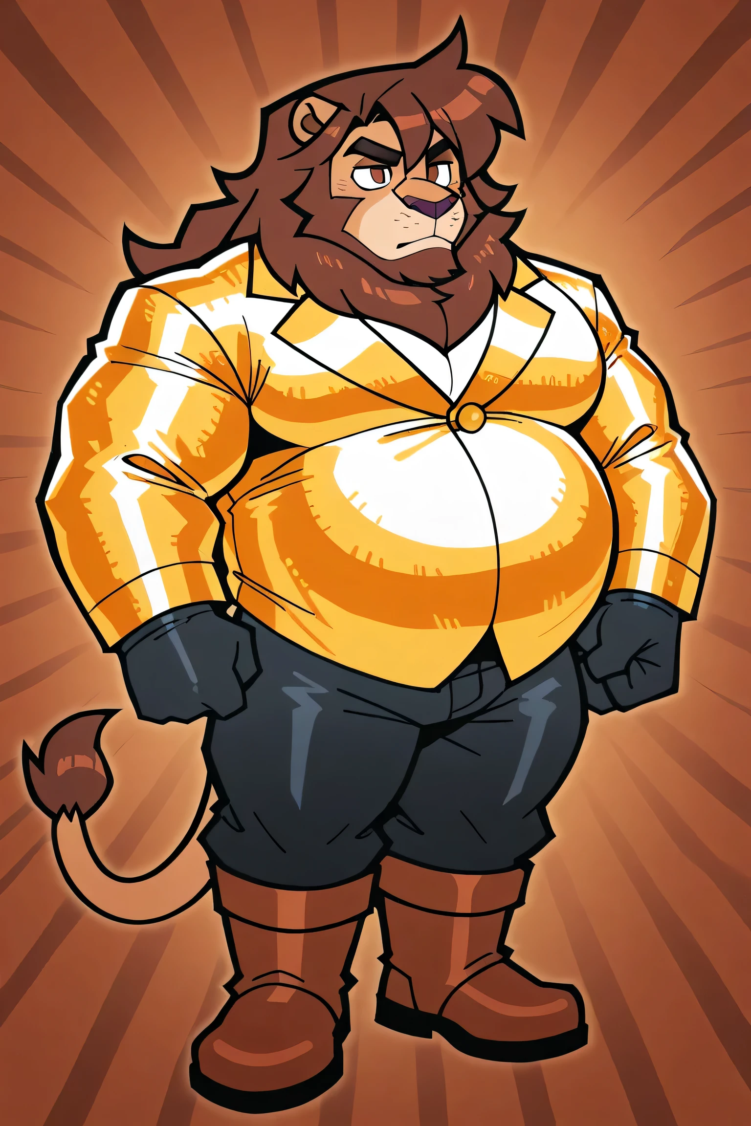 lion, furry, male focus, big belly, big pectorals, fat body, huge muscular, brown tied long hair, brown beard, brown mostacho, brown eyes, gold jacket with closure, black pants, black short gloves, Brown boots with steel stripes, full body
