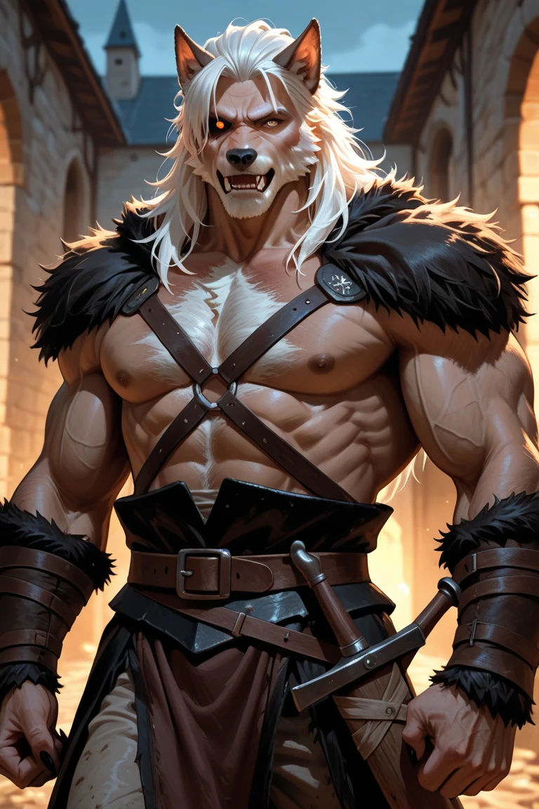 by clockhands,detailed fur, detailed skin, (detailed eyes:1.2), detailed body, detailed background, (intricate:0.9), (high detail:1.4), ultra realistic, (sharp focus:1.15), masterpiece, 8k, 4k, shaded, best quality, absurd res, absurdres, hdr,(dragon male, white hair, red eyes, black fur),athletic,Witcher armor,holding weapon, lightsaber, wolf chest tattoo, arm tattoo, looking at viewer, bare chest,standing,inside, in tavern,showing half body head to hips