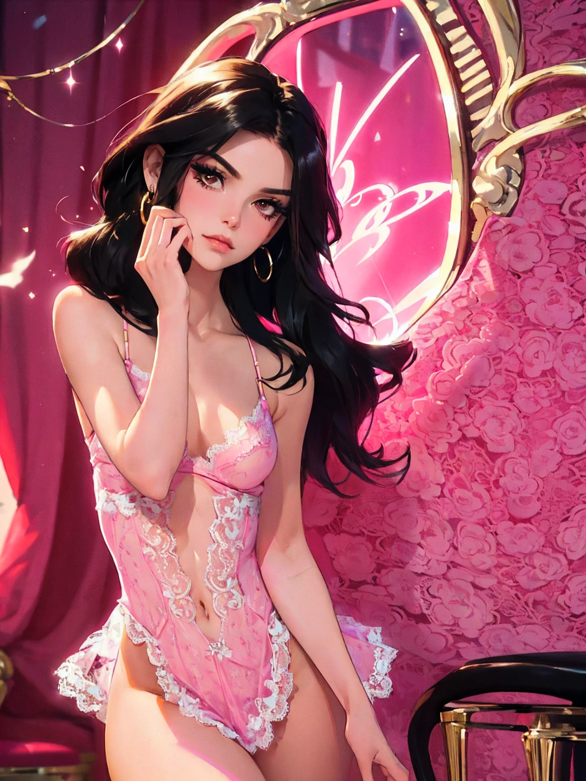there is a woman in a pink lingerie and stockings posing, wearing sexy lingerie, seductive tifa lockhart portrait, tifa lockhart, lingerie!!, juri misaki, lingerie, sexy :8, captivating and enticing, pink and black, barbie doll in panties and bra, loli, ayami, garter belt, tifa, hot pink and black