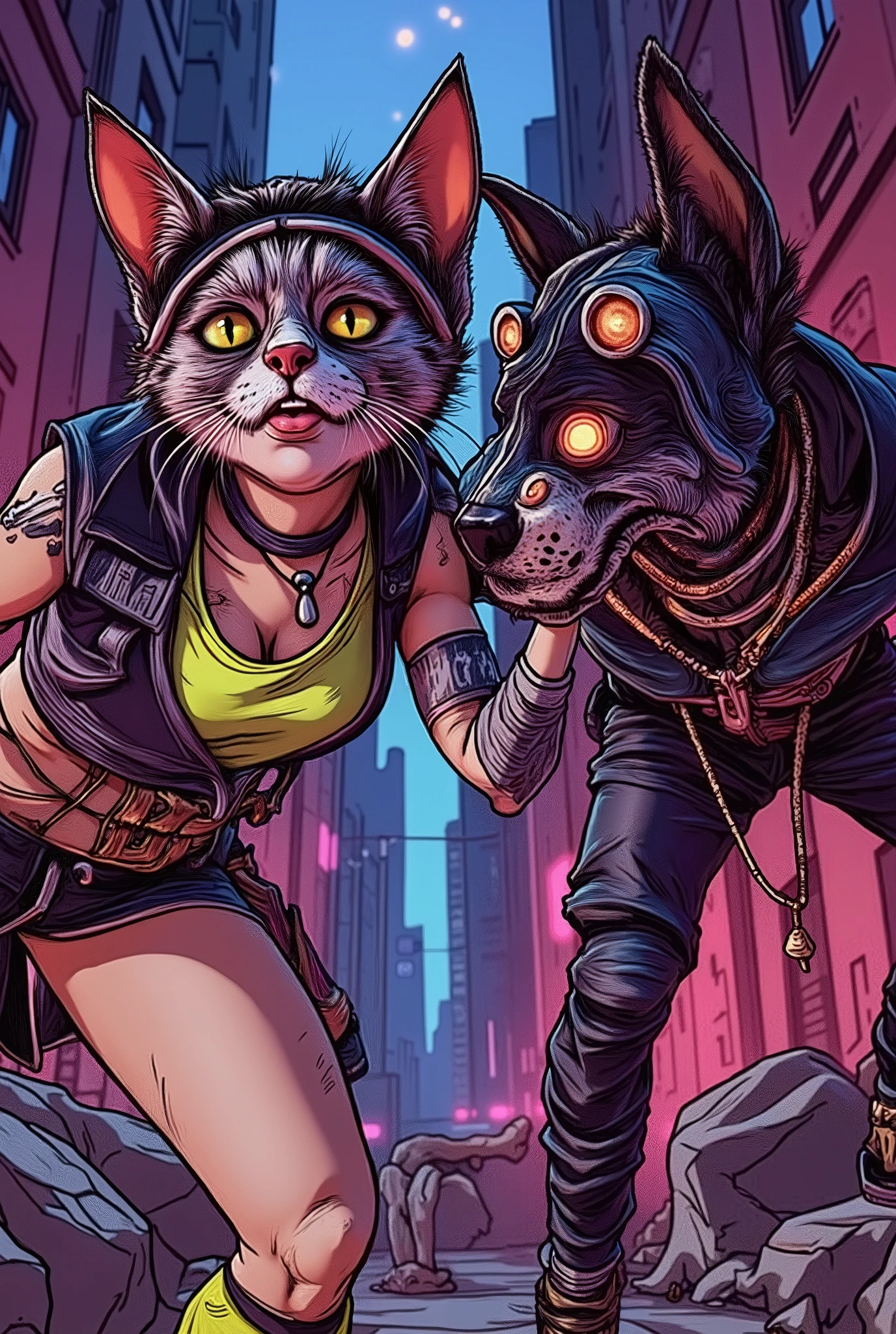 💋: (ultra-stylized gangwar:1.4) - (hot cat cosplayer:1.3) vs. (brutal dog gangster:1.3) in (destroyed Pandora slum town:1.2) mit (fetten Outlines:1.1), (neon colors:1.2), (hand-scribbled comic effects:1.1) und (exaggerated action:1.3) - (8K cel-shading masterpiece:1.2)
