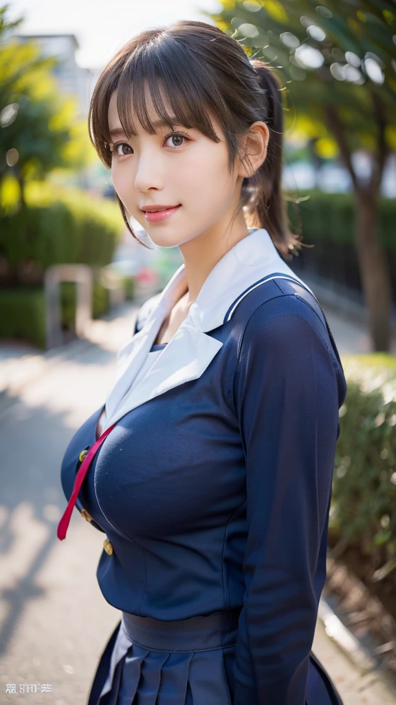 (((very huge round breasts))), (full body shot), short hair, wavy hair, (school uniform, summer school uniform shirt), skirt, sleeveless, RAW photo, extremely delicate and beautiful, masterpiece, Best Quality, ultra high resolution, 16k, hyperrealistic, ultra-detailed, Very detailed CG 8k wallpaper, Beautiful Lighting, Perfect Lightning, Realistic Shadows, perfect anatomy, super Detailed shiny skin, perfect figure, Japanese woman, late 20s, very Slim body, narrow waist, very small head, handsome detailed woman, very detailed eyes and face, realistic face proportions, Stunning detailed eyes, Realistic beautiful face, very small face, Realistic small beautiful eyes, double eyelids, makeup, tearful mole, mole on chest, earring,