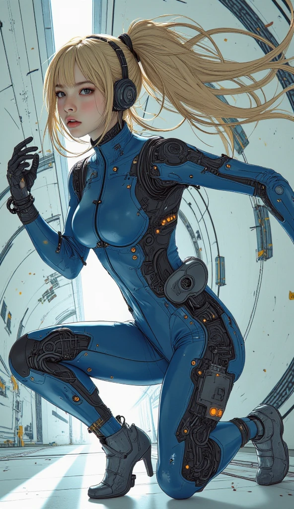  composition from an oblique bottom 、profile、 future, An expression full of determination, Long Blonde Ponytail Hairstyle, Suit with Fitted Blue and Metallic Designs with Technical Details, robot arm＆Leg Accessory , Dynamic Running Posture, Sideways glance, muscular body, Indoor sci-fi setting, High Contrast Digital Art, Light from the top left , balanced exposure, energetic and intense atmosphere,  side shooting angle, Detailed Technology Rendering, no motion blur, animation style.