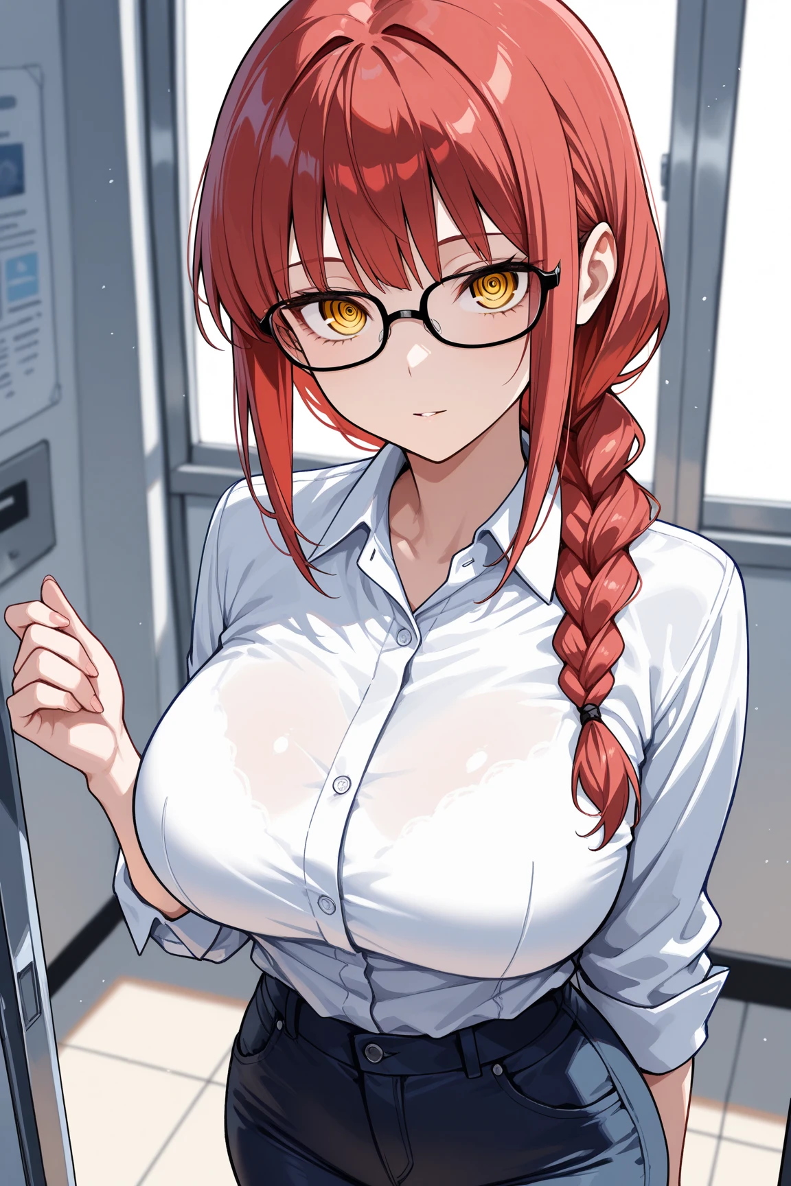 1girl, glasses, indoors, button up shirt, skirt, red hair, (long hair), solo,huge breasts, (public indecency), midriff, pubic tattoo cleavage (sagging breasts:1.2) (long breasts:1.2)