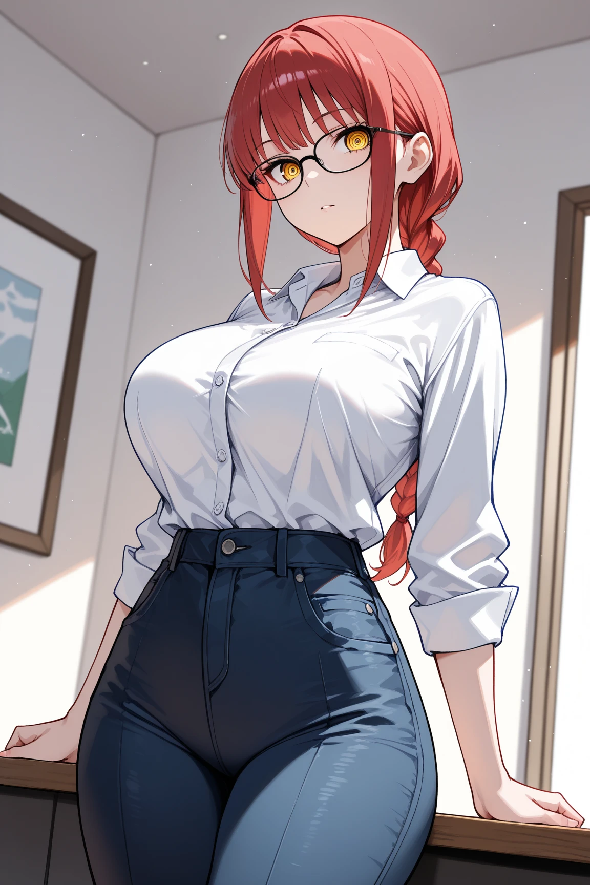 ((highres)), (Masterpiece), high quality, best quality, beautiful, perfect lighting, detailed face, ultra cute face, cute, cowboy shot ((1girl)), ((solo)), short fluffy, red hair, blue eyes, freckles, (blush), nervous, modern office, medium breasts, perky breasts, wide hips, thick thighs, formal white shirt, black pants, looking at viewer, cute pose, arms behind back, standing,