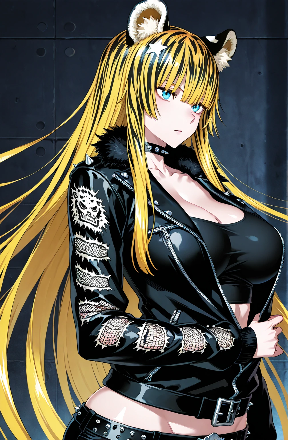 masterpiece, color photo of slim gorgeous blonde woman, sexy, cyberpunk, long hair, racing suit, latex, (((unbuttoned outfit))), ((open top)), small breasts, ((tight shirt)), looking at viewer, nikon 85mm, alone, single, neotokyo, outside, night, street, motorcycles, high tech, the future, soft light, centered, volumetric lighting, bomber jacket, ligne claire, flat color, chromatic aberration, high contrast, limited palette