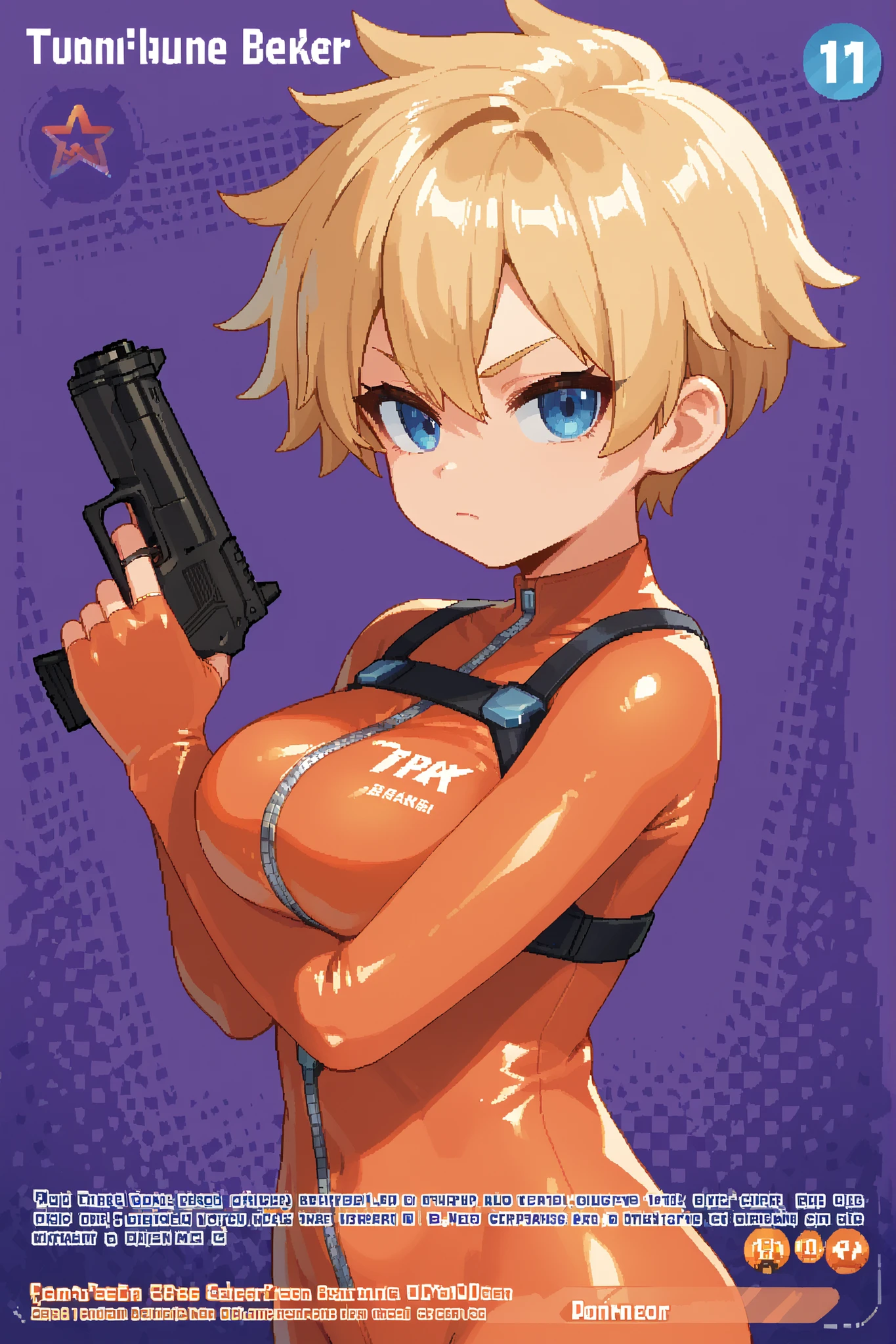 score_9, score_8_up, score_7_up, source_anime, solo, pixel art, tr4dingcard, card (medium), english_text, N, trading_card, white_trade_card_frames, 1girl, solo, young BREAK tomboy
Large breasts, blonde hair, pixie hair cut, very short hair, messy hair, blue eyes BREAK
Orange bodysuit, shiny suit, BREAK
Standing, looking at viewer, closed mouth, portrait, purple background, simple background, holding gun, dynamic pose, (upper body)