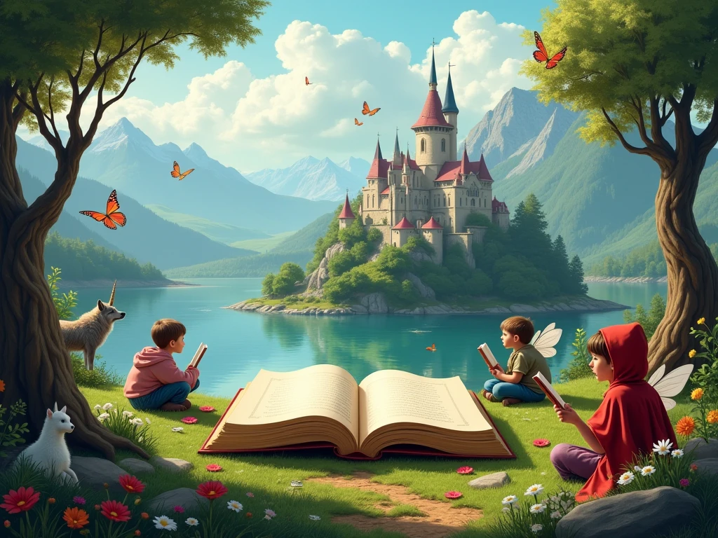 a colorful image, of children reading books in a beautiful flower garden, with a beautiful castle in the background