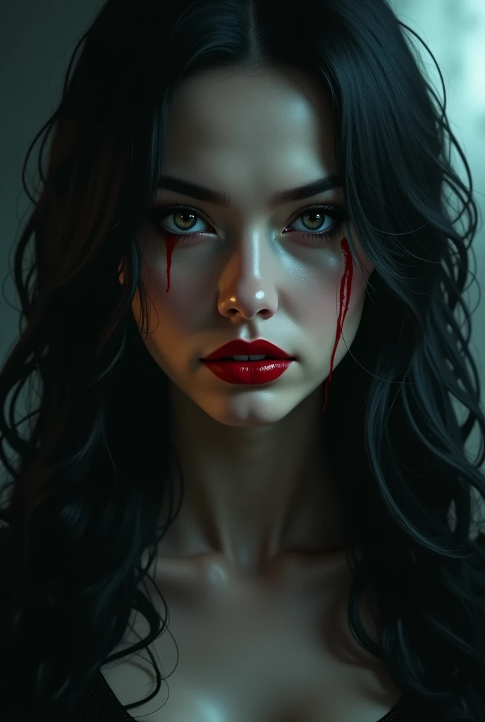 Female, Tan skin, Long black hair, Blood red eyes, Scar across eye