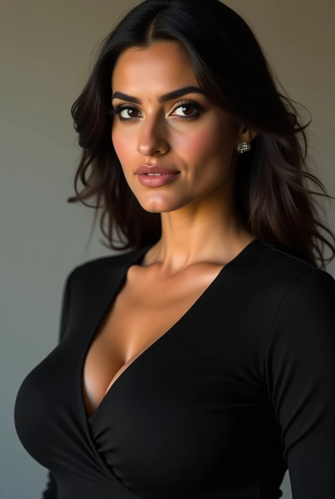 A 35-year-old woman with a thin waist, caderas anchas, pechos enormes, un hermoso rostro, con cabello ondulado de color negro, ojos de color miel, piel morena y con un vestido que haga resaltar su figura, In addition to being one meter ninety tall