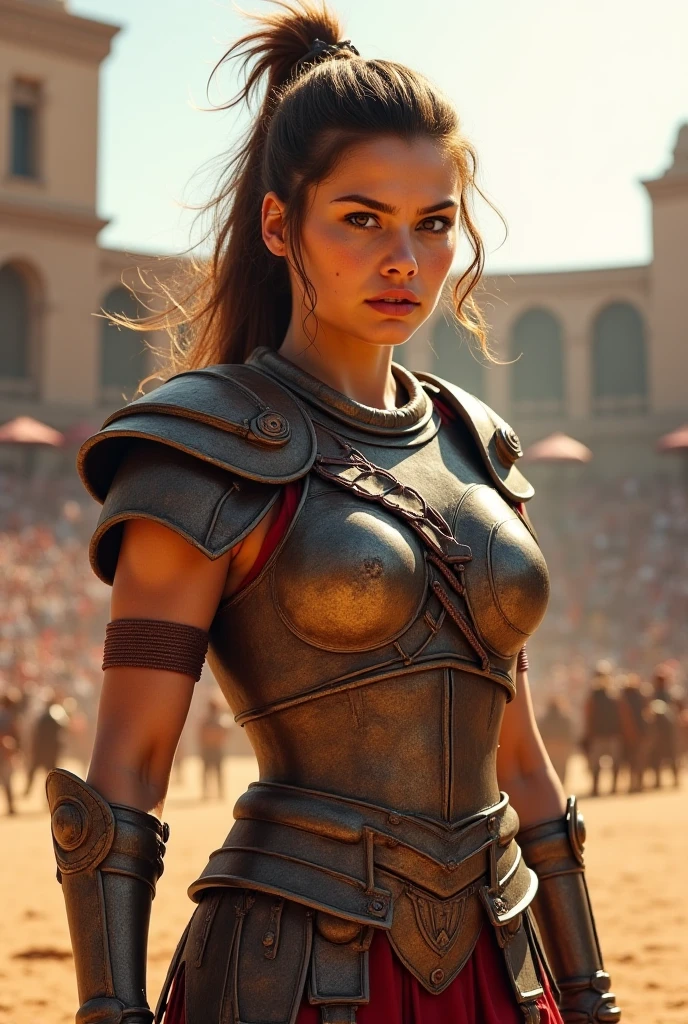 ((masterpiece, highest quality, Highest image quality, High resolution, photorealistic, close up photo, Raw photo, 8K)), ((Extremely detailed CG unified 8k wallpaper)), (huge stunning goddess shot, very hot and sexy, jaw-dropping beauty, perfect proportions, beautiful body, large natural tits, cleavage, slim body beauty:1.4), arafed woman in armor holding a sword and shield, portrait of a barbarian female, north female warrior, a very beautiful berserker woman, north adult female warrior, female barbarian, female warrior, portrait of a barbarian woman, barbarian warrior woman, very beautiful female barbarian, large natural breasts, ample cleavage, barbarian class, hair in a pony tail, warrior woman, portrait of a woman warrior, rpg portrait concept art, (beautiful warrior, holding short sword and small shield, Wearing a red cape, leather armor), (brown hair, blue eyes, dark skin), (amphitheatre, Fighting while being watched by the crowd, motion blur), movie poster