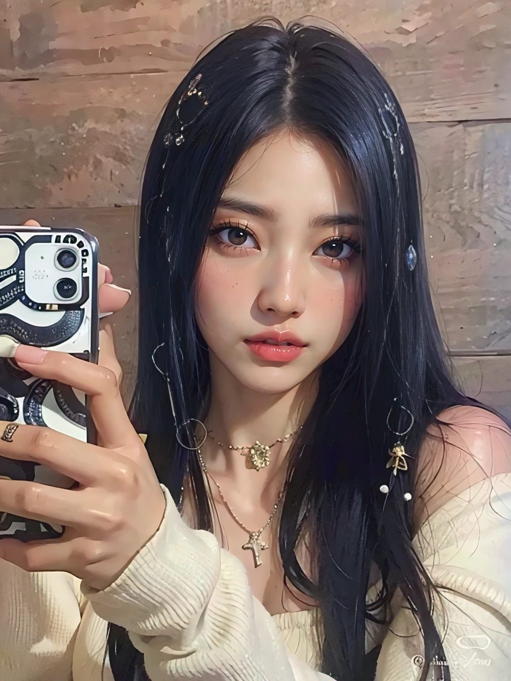 a closeup of a person taking a photo on a cell phone, peinado de coletas, she has black hair con flequillo, con coletas negras, ulzzang, con flequillo, two peinado de coletas, con flequillo completo, Lalisa Manobal, long hair con flequillo, long hair con flequillo completo, Hermosa Delphine, Lalisa Manoban de Blackpink