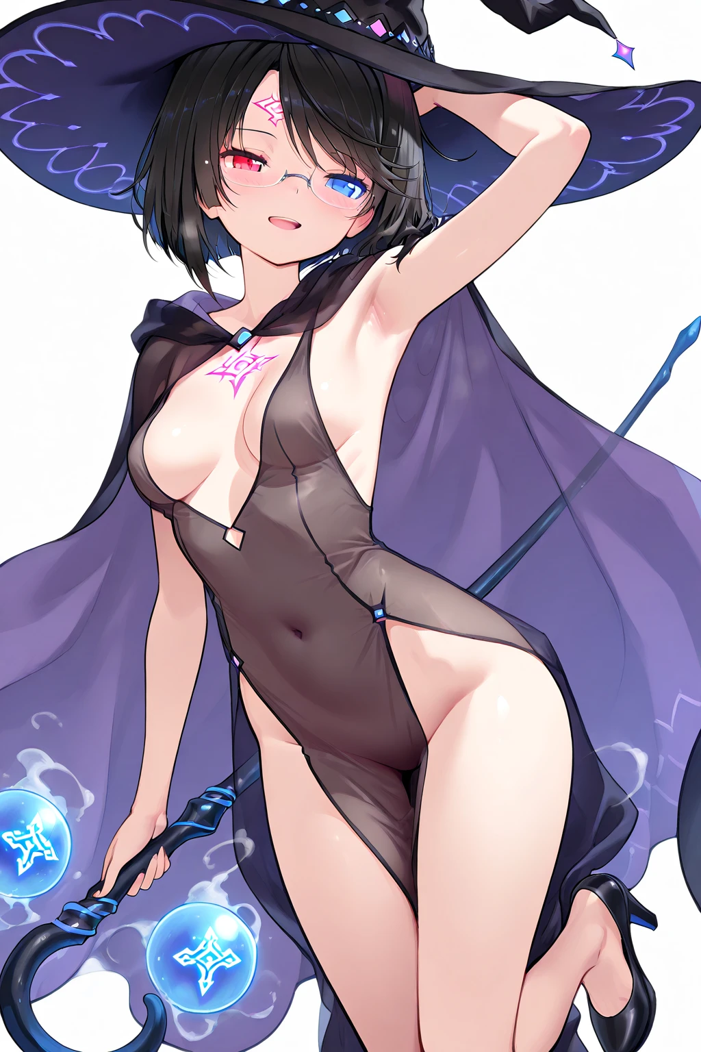 1girl, nsfw, very short haircut, hair covering left side of eyes, full body, purple violet skimpy magician clothing, d cup breasts, round hips, very light blue violet hair, looking at the right, magician attack pose, blank gray background