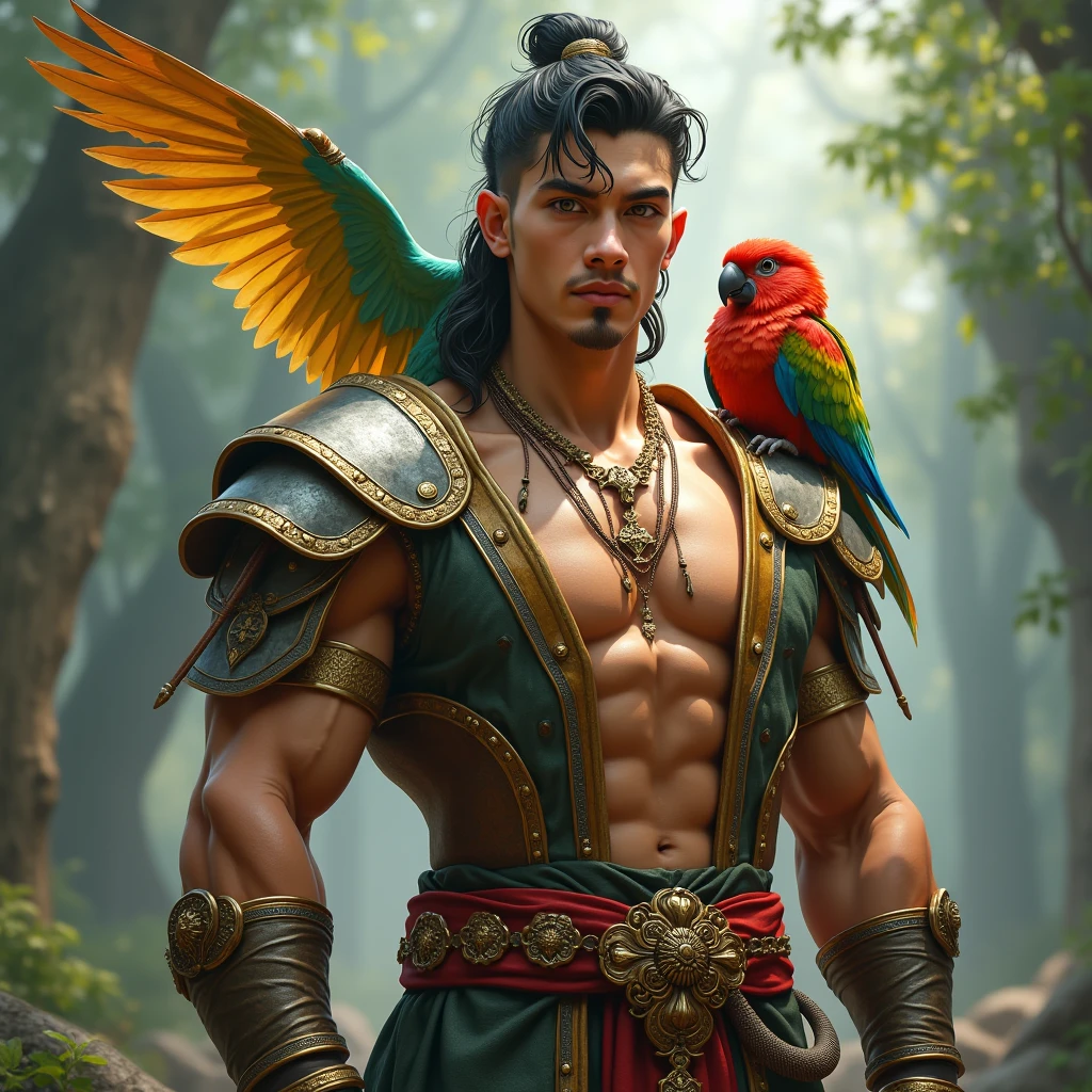 Humanoid character, parrot macaw head and human body, tall body covered with feathers, forest scenery, bright colors, 8k quality, cinematic focus, trend in artstation