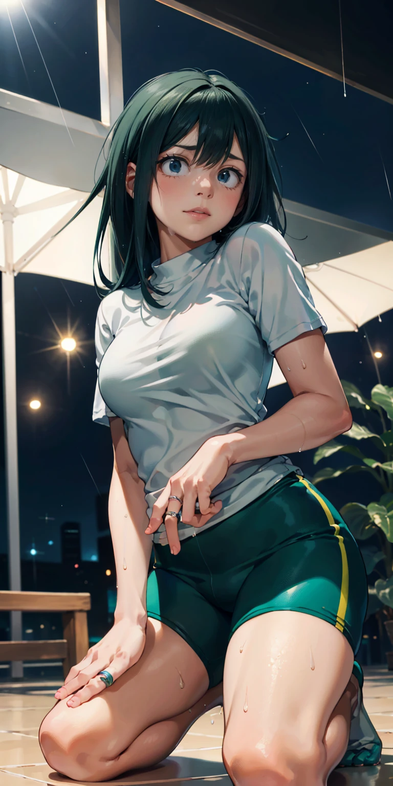 1 Girl, light green eyes, nose, elf ear, eyebrow, open mouth, blue hair dyed purple nape, bangs, hair between the eyes, Watery Big Eyes Sukumizu Wet Hair Hair Spread Out Ear Stud Swimming Pool, lora:add_detail , short sweatshirt on the belly, short skirt, thin waist, belly, big chest, thick legs, big thigh, standing