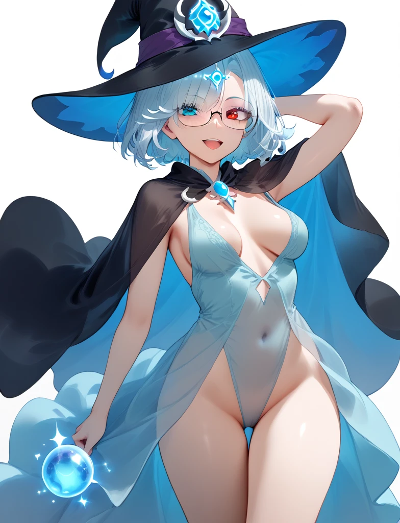 ((highest quality)), ((masterpiece)), (be familiar with), perfect face、Magical girl、young girl、I&#39;m thin and my bones are noticeable、big breasts、blue hair、fluffy short hair、red eyes、have a magic wand、a wand with a large red gem、half naked、wizard&#39;s hat、wide brimmed hat、Round big glasses、pure white skin、black robe、