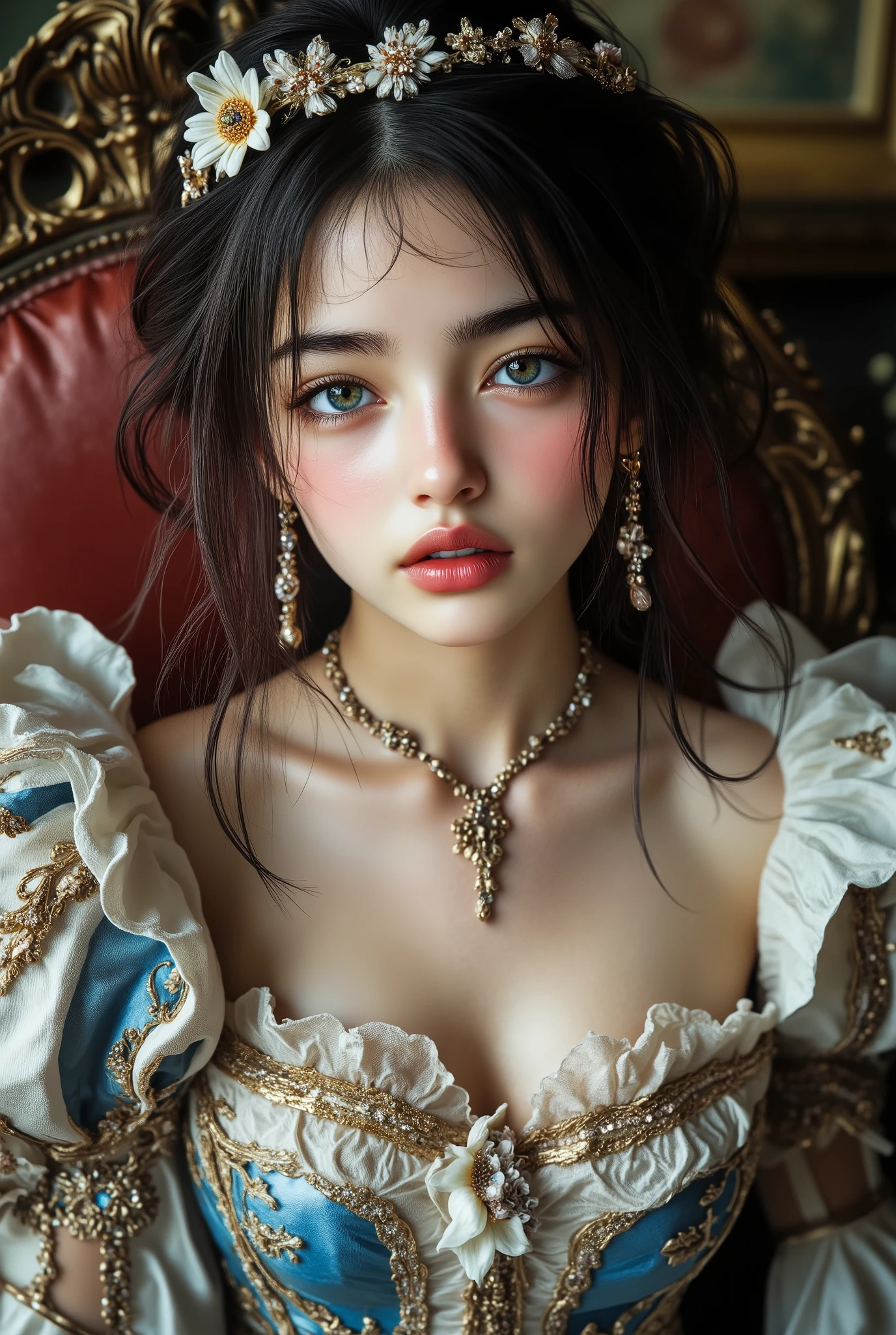  [Style: - "8k, masterpiece, realistic, Photorealistic realism, Hyper high resolution" - "highest quality, intricate ultra-detailed digital art"] (Key Directive: - "The priority is the anatomical accuracy and texture of the materials" - "Ultra-sharp human eyes with biological accuracy") {Character: "a beautiful girl, [((firm and full breasts:1.35))]" | Face: "[[full lips, pink lipstick, intense gaze]]" | Eyes: - "((sharp focus, no blurry eyes, Hyper absurd quality, Hyper details, Hyper realistic green eyes:1.3))" ((full body shot:1.3)),,Marie Antoinette, Sit in an upscale chair, puts his hand on his knee,Please open your mouth slightly,(white,pale,smooth,silky,shiny),long hair, wavy hair, [dress in Baroque style],(palete colors include blue:1.5, and white: 1.22,(Rococo dress with ruffles and long sleeves:1.22), intricately detailed:1.35), ((Now her CURLY HEBAN hair reaches down to her waist. Color gradation of pink and three, pale pink)). Matching earrings, choker with white flowers. ((She wears a pink top with white stripes with ruffles trimmed with gold buttons, white rosebud sleeves:1.25))... (with a purple ribbon flowing from her chest:1.2)..., tied at the back of the neck, matching the chest area, Decorated with flowers. her ruffled skirt is separated by a white line, her dress with a ((large purple ribbon)). Decorated with gold. There is a small ribbon on the back. She was wearing a ((Gold Tiara)) with floral embellishments .,small round head,((anatomically correct)),slim-muscled body,narrow waist, long legs,Long_blue_eyeliner :1.28, red_lipstick:1.35,(perfect dark_eyeshadows:1.45), (super detailed professional makeup on eyes:1.3),(rainbow light :1.4),(Inside Victoria Palace)} (Rendering engine: "Unreal Engine 5 path tracing, 16K texture maps") | The ultra-Highres,Unreal 5,Subsurface scattering,PBR Texturing,Post-Processing,Anisotropic Filtering,depth of fields,Maximum Sharpness and Sharpness,multi-layered texture,Albedo and Specular maps,Surface Shading