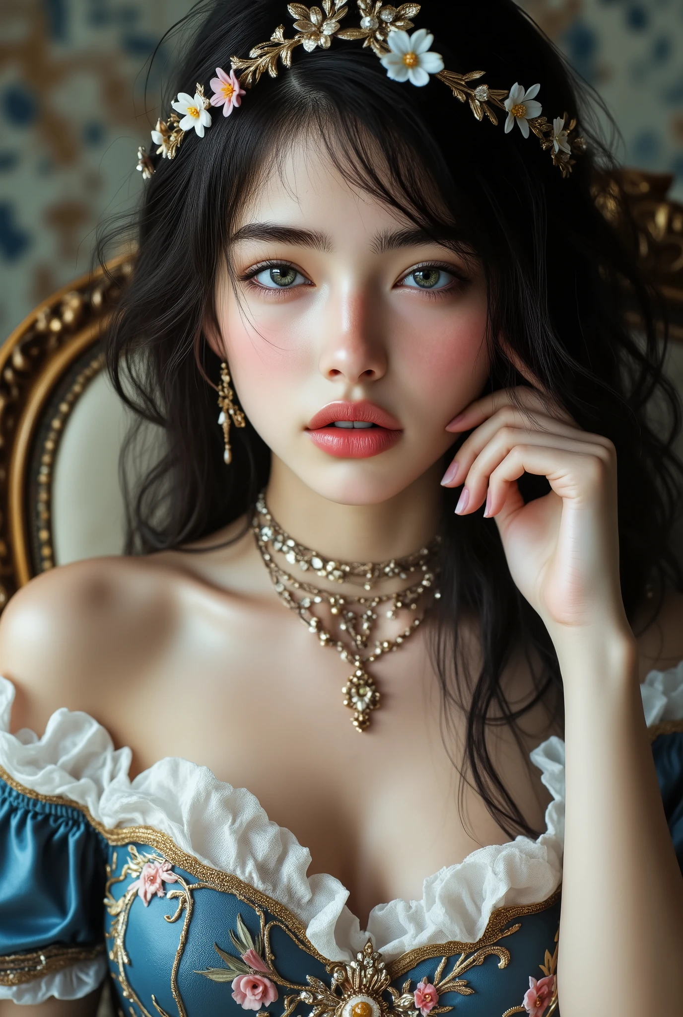  [Style: - "8k, masterpiece, realistic, Photorealistic realism, Hyper high resolution" - "highest quality, intricate ultra-detailed digital art"] (Key Directive: - "The priority is the anatomical accuracy and texture of the materials" - "Ultra-sharp human eyes with biological accuracy") {Character: "a beautiful girl, [((firm and full breasts:1.35))]" | Face: "[[full lips, pink lipstick, intense gaze]]" | Eyes: - "((sharp focus, no blurry eyes, Hyper absurd quality, Hyper details, Hyper realistic green eyes:1.3))" ((full body shot:1.3)),,Marie Antoinette, Sit in an upscale chair, puts his hand on his knee,Please open your mouth slightly,(white,pale,smooth,silky,shiny),long hair, wavy hair, [dress in Baroque style],(palete colors include blue:1.5, and white: 1.22,(Rococo dress with ruffles and long sleeves:1.22), intricately detailed:1.35), ((Now her CURLY HEBAN hair reaches down to her waist. Color gradation of pink and three, pale pink)). Matching earrings, choker with white flowers. ((She wears a pink top with white stripes with ruffles trimmed with gold buttons, white rosebud sleeves:1.25))... (with a purple ribbon flowing from her chest:1.2)..., tied at the back of the neck, matching the chest area, Decorated with flowers. her ruffled skirt is separated by a white line, her dress with a ((large purple ribbon)). Decorated with gold. There is a small ribbon on the back. She was wearing a ((Gold Tiara)) with floral embellishments .,small round head,((anatomically correct)),slim-muscled body,narrow waist, long legs,Long_blue_eyeliner :1.28, red_lipstick:1.35,(perfect dark_eyeshadows:1.45), (super detailed professional makeup on eyes:1.3),(rainbow light :1.4),(Inside Victoria Palace)} (Rendering engine: "Unreal Engine 5 path tracing, 16K texture maps") | The ultra-Highres,Unreal 5,Subsurface scattering,PBR Texturing,Post-Processing,Anisotropic Filtering,depth of fields,Maximum Sharpness and Sharpness,multi-layered texture,Albedo and Specular maps,Surface Shading