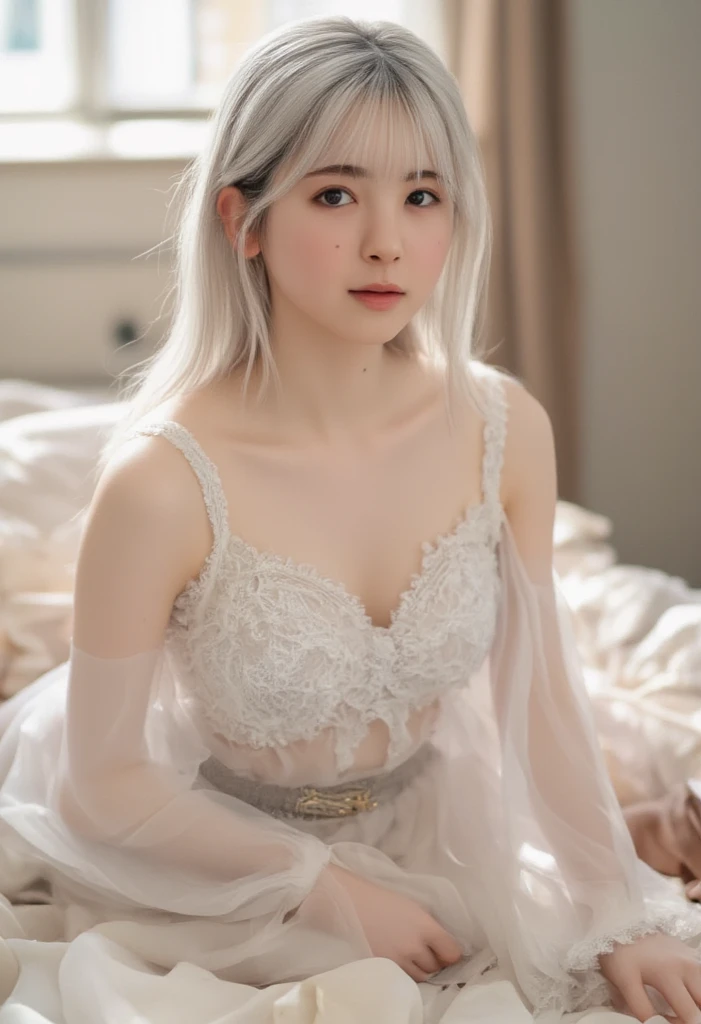 (1 Japanese girl lying on her back on the bed,she spread her legs,sexual climax:1.75), , incredibly ultra cute, neat and clean, happy smile, detailed charming eyes, detailed face, (laced negligee, ultra slender, incredibly white and beautiful skin, short silver hair:1.75), (best quality,4k,8k,highres,masterpiece:1.5),ultra-detailed,(realistic,photorealistic,photo-realistic:1.37),highly detailed,intricate details,vibrant colors,soft lighting,beautiful scenery,delicate features,cute expression,elegant pose