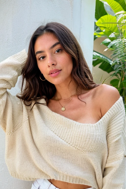 1 girl in, edad19, Alone, wide, colossal , looking at the viewer, by rubio, bare shoulders, Brown eyes, joya, whole body, a necklace, off the shoulders, Sweaters, realist, a sexy