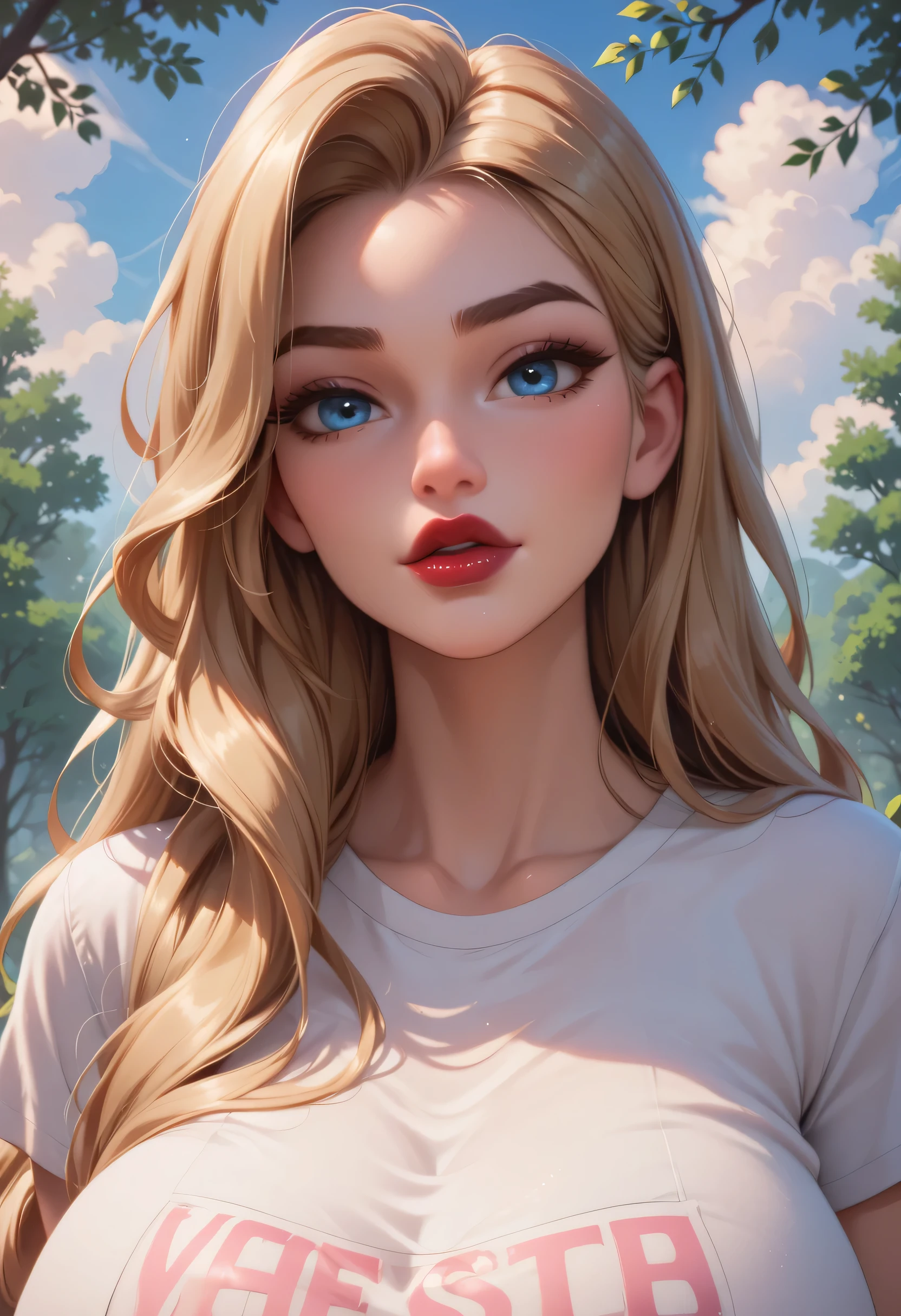 ((perfect face)), blonde hair, very long hair, brown eyebrows, thin eyebrows, blue eyes, black eyeliners, nose, thick lips, red lips, beautiful face, (huge breasts), white t-shirt, looking at viewer, trees, cloud sky