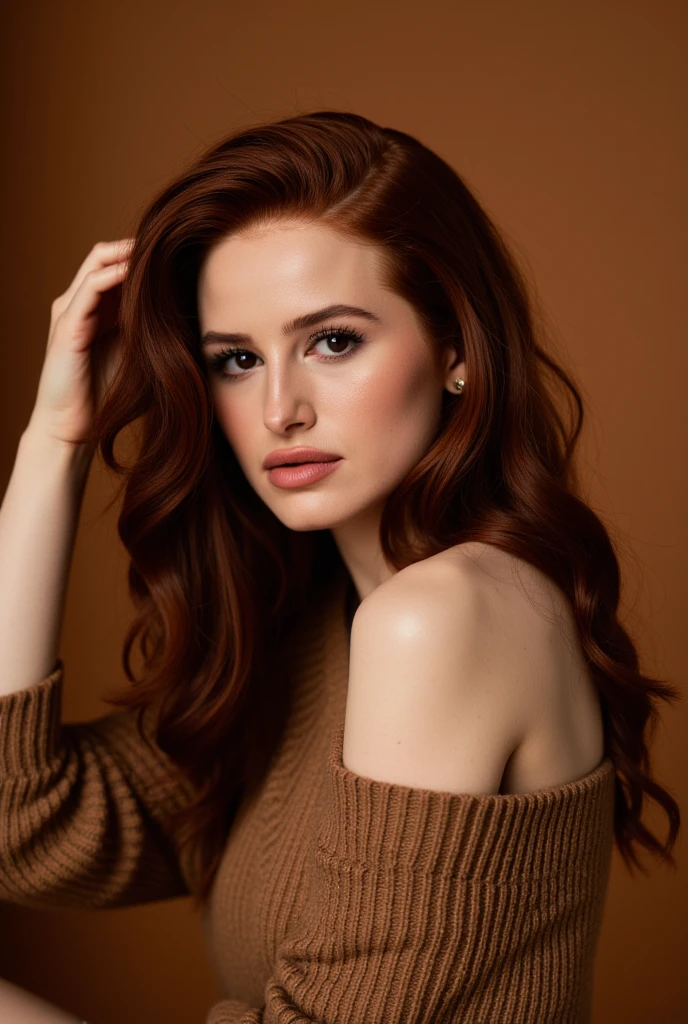 beautiful 20 year old woman, ljubic, professional portrait, black background, suit, beautiful face, heart shaped face, red/brown hair, fully dressed, ljubic, turtleneck