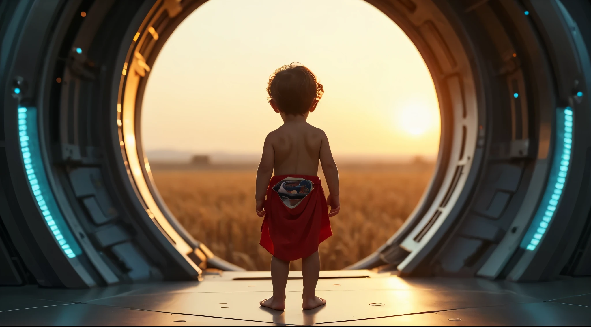 A cinematic, ultra-realistic scene of a young humanoid figure, approximately four years old, stepping forward from the interior of a sleek, futuristic spacecraft. The character has a small frame and short, dark hair and is wrapped in a simple red cloth around the waist. The aircraft's metallic interior is illuminated by soft blue and white lights, revealing intricate alien technology and smooth, curved walls.

The open doorway frames the outside world, where a vast wheat field stretches under a golden sunset sky, creating a striking contrast between the ship's advanced technology and the Earth's natural landscape. A gentle breeze moves the wheat stalks, casting long shadows in the warm evening light.

The young figure takes cautious steps forward, bare feet touching the ground as they exit the ship for the first time. Their posture suggests curiosity and wonder as they gaze at the world beyond the spacecraft. The perspective is positioned slightly behind and to the side, showing both the character and the landscape unfolding before them."