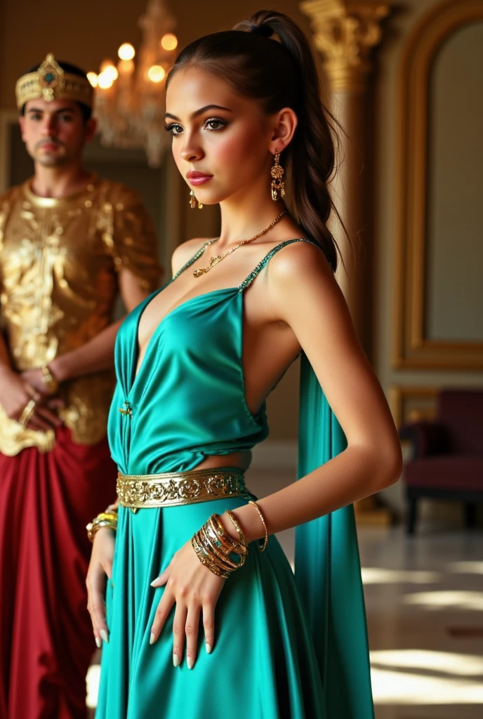 Tall curly-haired brunette with turban, in red, bright blue and green, long emerald green dress with gold appliqués, handcuffs and beads in his arms