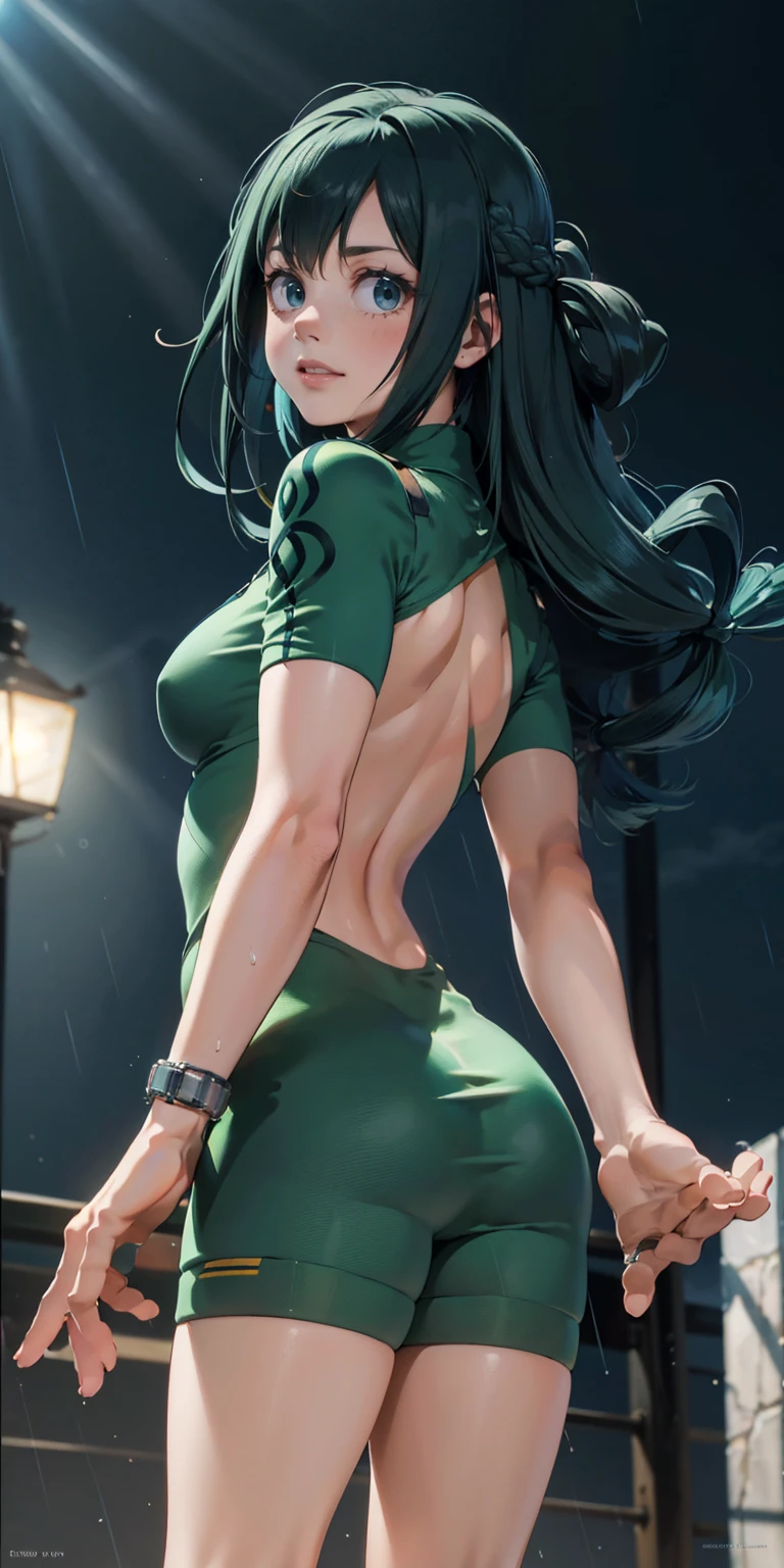 (masterpiece, best quality:1.2), cowboy shot, solo, 1girl, tatsumaki, lustful smile, closed mouth, looking at the viewer, ass, wide hips, black dress, night sky, clouds, erotica