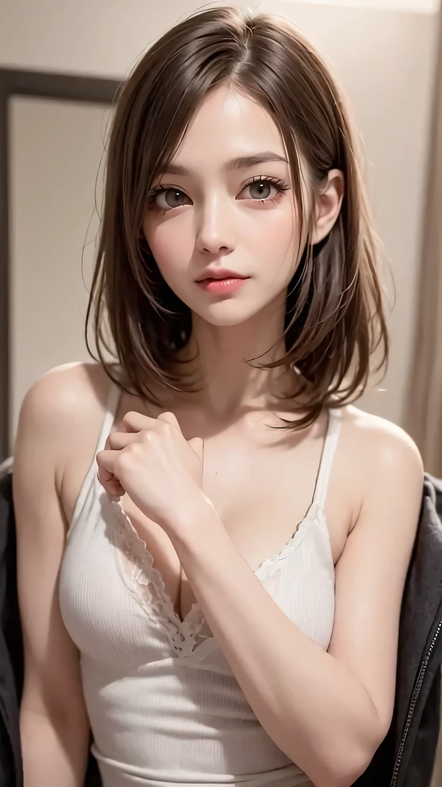 ((Masterpiece)), (High Definition:1.3), (Professional Photography:1.2), Best Quality, Ultra High Resolution, 8K, Textured skin, cinematic lighting, cute age girl, (ragged T-shirt with very Rough chest), small breast, Beautiful Eyes, Super Beautiful, messy medium Hair, pale brown hair, Beautiful, Sweetheart, Beautiful face, Eyes That Invite Viewer, Lover's Perspective, Inviting Expression, Sexy Smile, Perfect Style, Detailed Skin, Naughty Gaze