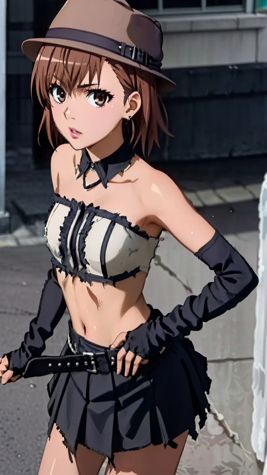 (masterpiece, best quality, high resolution, 8k:1.2), (anime coloring:1.2), highly detailed, beautiful eyes, perfect eyes, fine eyes, brown eyes, featuring big highlights, detailed face, highly detailed, fine eyes, symmetrical eyes, one girl, alone, Misaka Mikoto, brown hair, short hair, hairpin, (small breast), slim body, (street rock fashion, (black clothes), ripped skirt, fingerless gloves, fedora, natural lips, earrings, heavy makeup, street corner), looking at the viewer, in the center of the image, (cowboy shot), dutch angle,