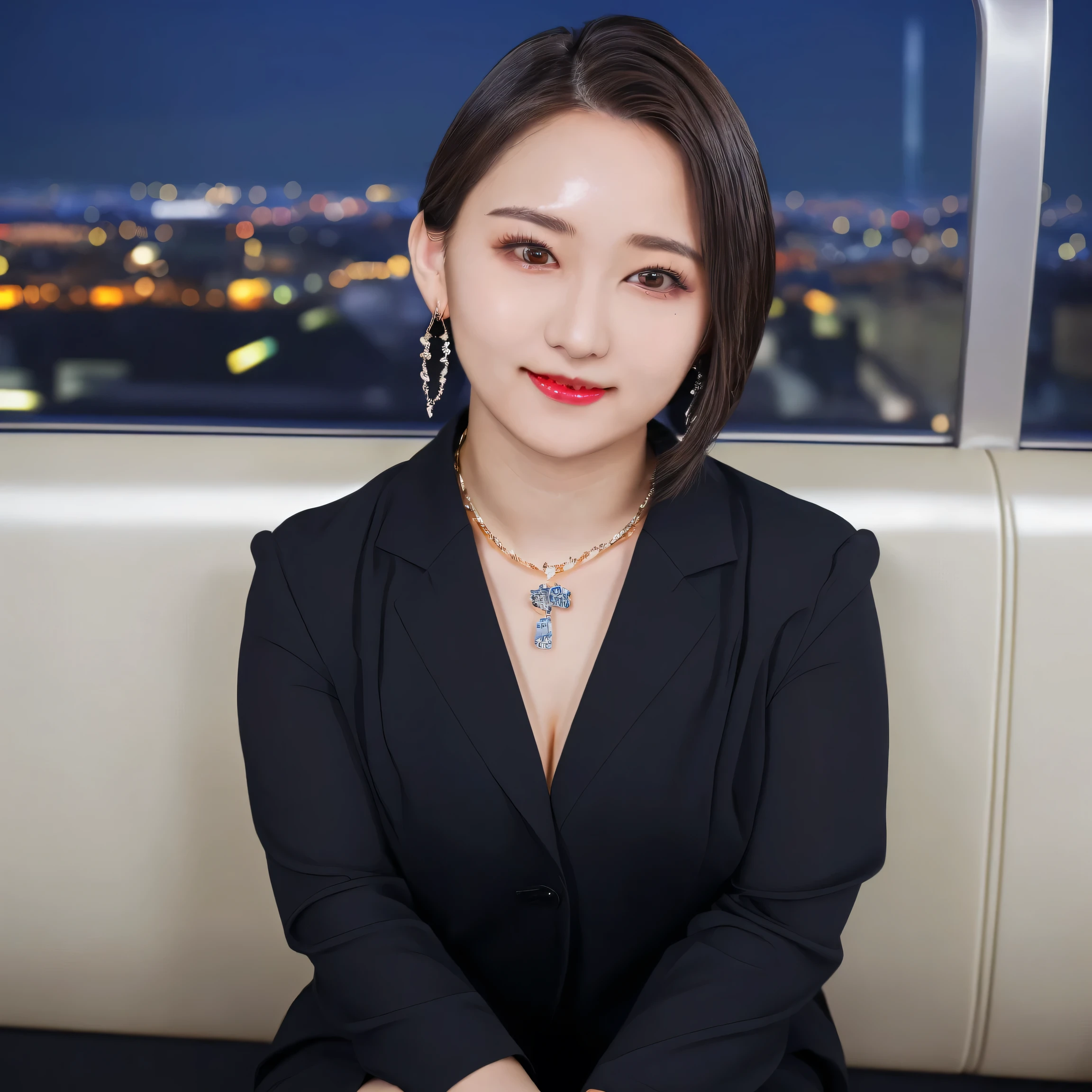 ((upper body))、(masterpiece:1.3), high resolution, very detailed, very detailedCG Unity 8k 壁紙, realistic, photo-realistic, RAW photo, beautiful detailed face, 青white skin, realistic glistening skin, detailed cloth texture, detailed hair, perfect style, beautiful face, accurate, anatomically correct, very detailed顔と肌のテクスチャ, fine grain, brown eyes in the oral vagina, double eyelids, fine eyebrows, (dull eyes:0.65), ( GLITTER EYELINER :1.2), natural cheek, shiny skin, (white skin:1.2), shiny necklace and earrings, (glossy lips by max: 1.4),
break
( classy and cute girl :1.3), ( High Ponytail Hairstyles , wave hair, dark brown hair), (charming smile:1.2) ( Wear an elegant business suit:1.3), (black stockings), medium big breasts,
break
((cowboy shot:1.2)), ( sitting with legs :1.4), On the train near the door, ((night city view:1.2)),