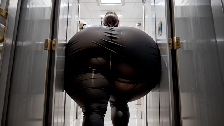 tall fat xxapple girl bumping her huge butt in a sexy chinese dress with leggings, trying to squeeze out of a tiny door in the elevator at the office, she is too round and swelled up, she is stuck tight
