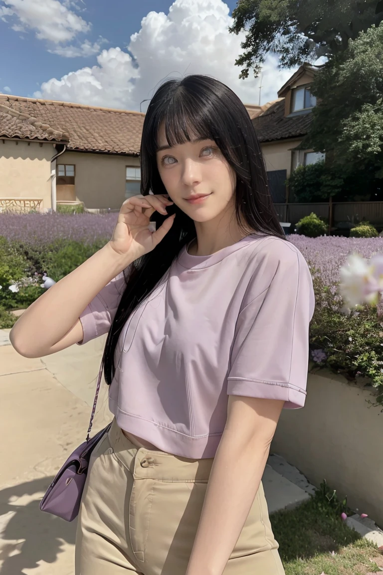 masterpiece, absurdres, hinata\(boruto\), 1girl, solo,mature female, purple hoodie,layered sleeves, brown pants, outdoors,lavender flower field, looking at viewer, (falling petals), cloudy sky, perfect composition, detailed lips, big breast, beautiful face, body propotion, blush, (pink lips), long hair, purple eyes, soft gaze, sad smile, super realistic, detailed, photoshoot, realistic face and body, realistic hair, realistic eyes, realistic nose, realistic lips