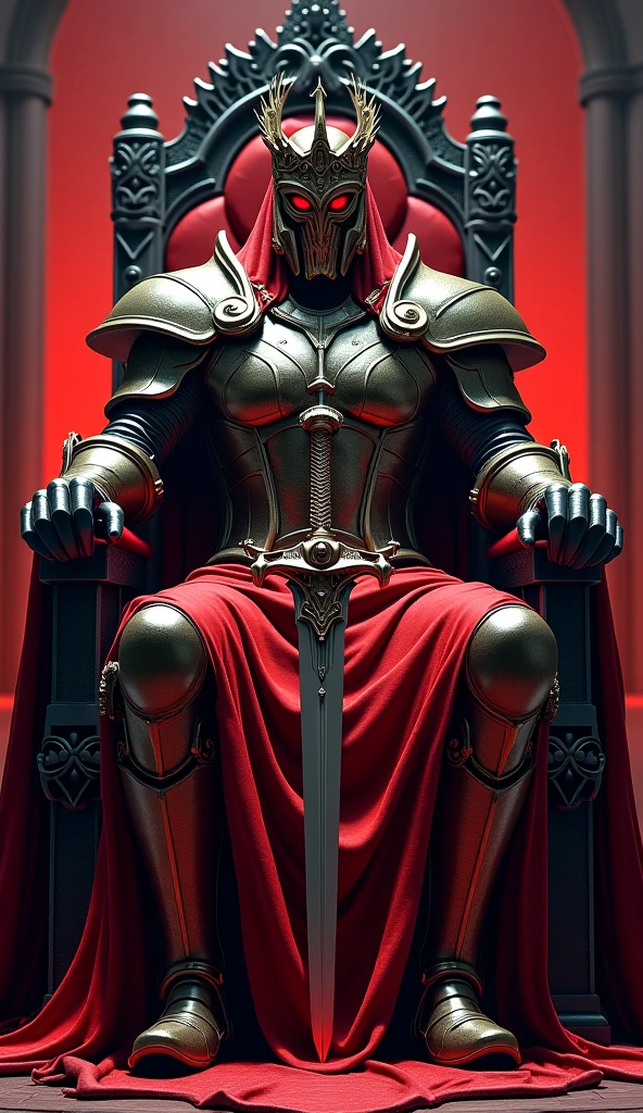 A king in Red detailed armor, with a crown in his helmet ,setting in his black thorne,with menacing red eyes, and colorful detailed sword,Preciso, Detalle, 