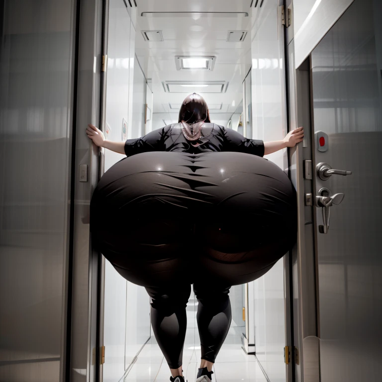 masterpiece, 1girl behind a doorway, from behind, (doorstuck, stuckbehind:1.3), huge hips, round belly, thick thighs, giant butt,colorful clothing, wearing suit and tie and formal pants, upset, desperately trying to wiggle through, she tries to free herself but she won't budge, she is stuck tight view from behind, she is too wide, the doorway is quite narrow too, she is being pushed from behind by a few female coworkers