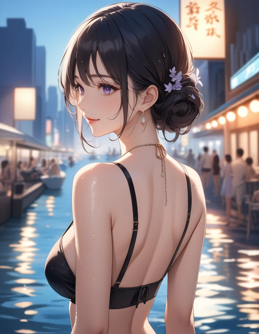 ((ultra-quality)), (A woman waiting at a traffic light in heavy rain), (white low rise micro pantie:1.2), (No slings:1.5), (hands are down:1.5), (arms are down:1.5), (in 8K), (arms behind back:1.5), (Angle from side:1.6), (side breast), (side back view:1.5), (profile), ultra high-res, Hyper Detailed, High contrast, Ultrafine Strike, creative refinement, absurdres, Realistic, extremely detailed CG unified 8k wallpaper, Highly detailed, High-definition raw color photos, professional photography, Realistic portrait, Cinematic Light, Beautiful detailed, 20 years old woman, (realistic skin:1.3), (shiny skin), (Best Quality:1.4), Super Detail, High quality, master piece, lifelike, Perfect face, Silly, (side hip), (closed mouth:1.3), (Sharp Focus), (upper body), (close up), Delicate Beautiful Hair and Eye and Face, Delicate eye, radiant eye, Lifelike, Hyper-detailing, (firm chest:1.6), (upturned chest:1.6), (large breast:1.6), (Beautiful breast:1.5), (breast is covered with shirt:1.1), (Sheer nipple), (smooth flanks), (arms behind back), Beautiful cute woman, camel-toe details, SFW, slim body, pale black eyes, brunette short bob hair, ponytail, on a deserted street