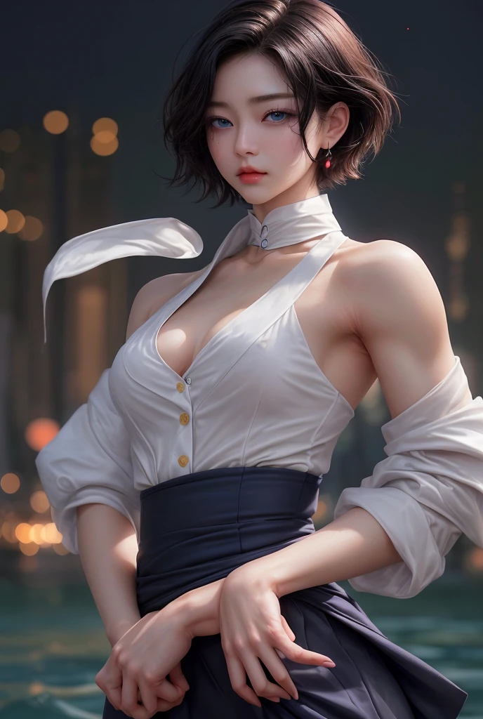 A woman with short hair in a blue and white embroidered dress,Big red mouth,The corners of the mouth are downward,Thick lips,A heroic face,Looks like dull eyes,Beautiful arched eyebrows,Straight eyebrows tilt upwards and outwards,in the style of unreal engine,distinctive noses,intense close-ups,animeaesthetic,palaces,Generate realistic faces,黑The eye,Shang Laurels,Wallpapers,portrait of cute soldier girl