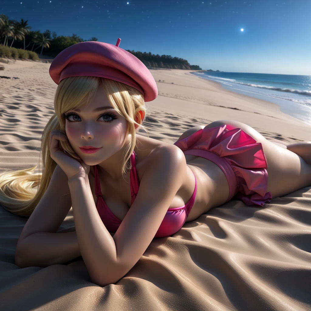 1girl, 21 years old, laying down on a tropical beach, long straight white hair, princess, looking at viewer, wearing a red short skirt with pink trim, white stockings, red high heels, perfect body, blue eyes, sexy smile, hyper detailed eyes,