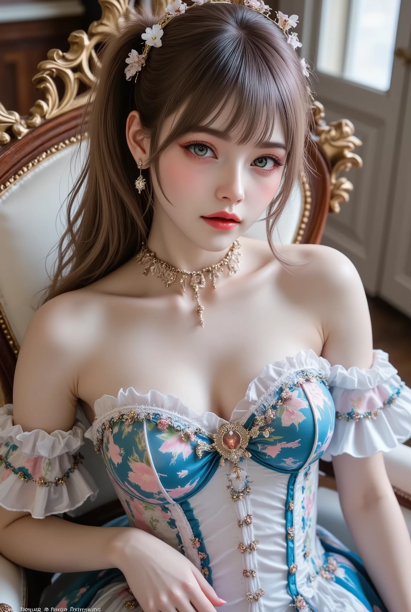  [Style: - "8k, masterpiece, realistic, Photorealistic realism, Hyper high resolution" - "highest quality, intricate ultra-detailed digital art"] (Key Directive: - "The priority is the anatomical accuracy and texture of the materials" - "Ultra-sharp human eyes with biological accuracy") {Character: "a beautiful girl, [((firm and full breasts:1.35))]" | Face: "[[full lips, pink lipstick, intense gaze]]" | Eyes: - "((sharp focus, no blurry eyes, Hyper absurd quality, Hyper details, Hyper realistic green eyes:1.3))" ((full body shot:1.3)),,Marie Antoinette, Sit in an upscale chair, puts his hand on his knee,Please open your mouth slightly,(white,pale,smooth,silky,shiny),long hair, wavy hair, [dress in Baroque style],(palete colors include blue:1.5, and white: 1.22,(Rococo dress with ruffles and long sleeves:1.22), intricately detailed:1.35), ((Now her CURLY HEBAN hair reaches down to her waist. Color gradation of pink and three, pale pink)). Matching earrings, choker with white flowers. ((She wears a pink top with white stripes with ruffles trimmed with gold buttons, white rosebud sleeves:1.25))... (with a purple ribbon flowing from her chest:1.2)..., tied at the back of the neck, matching the chest area, Decorated with flowers. her ruffled skirt is separated by a white line, her dress with a ((large purple ribbon)). Decorated with gold. There is a small ribbon on the back. She was wearing a ((Gold Tiara)) with floral embellishments .,small round head,((anatomically correct)),slim-muscled body,narrow waist, long legs,Long_blue_eyeliner :1.28, red_lipstick:1.35,(perfect dark_eyeshadows:1.45), (super detailed professional makeup on eyes:1.3),(rainbow light :1.4),(Inside Victoria Palace)} (Rendering engine: "Unreal Engine 5 path tracing, 16K texture maps") | The ultra-Highres,Unreal 5,Subsurface scattering,PBR Texturing,Post-Processing,Anisotropic Filtering,depth of fields,Maximum Sharpness and Sharpness,multi-layered texture,Albedo and Specular maps,Surface Shading